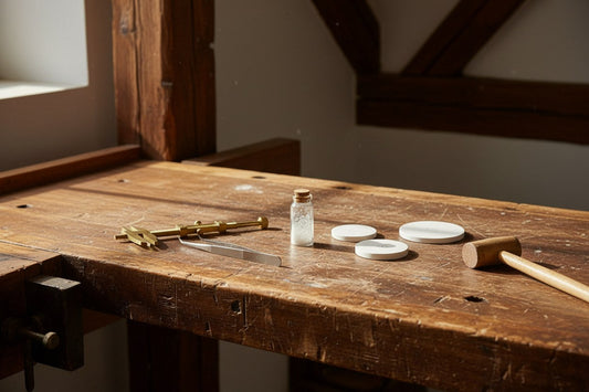 Rustikaler Holzwerktisch in einer Schwarzwald-Werkstatt mit Handwerkzeugen, weißen Keramikmodulen und einem Glasvial — Handarbeit bei 3 ZENSES
